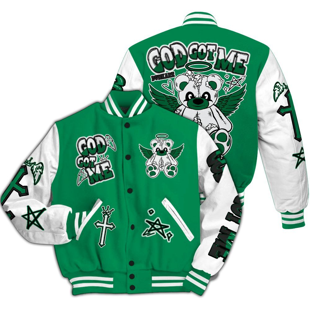 Varsity Jacket To Match Mid Lucky Green 1s - Gods Guides Me Bear All Over Print