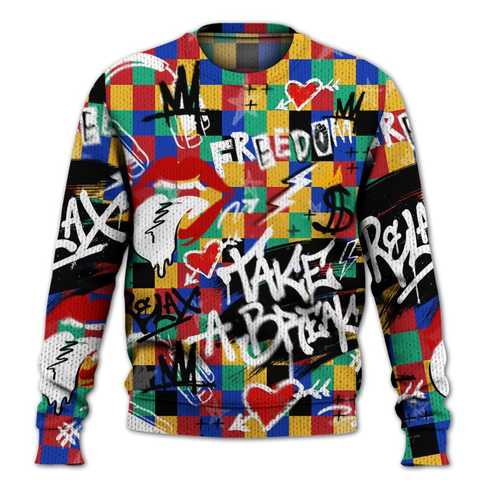 Knitted Sweater To Match Air Rainbow Weave - Take Break Freedom Graffiti Streetwear