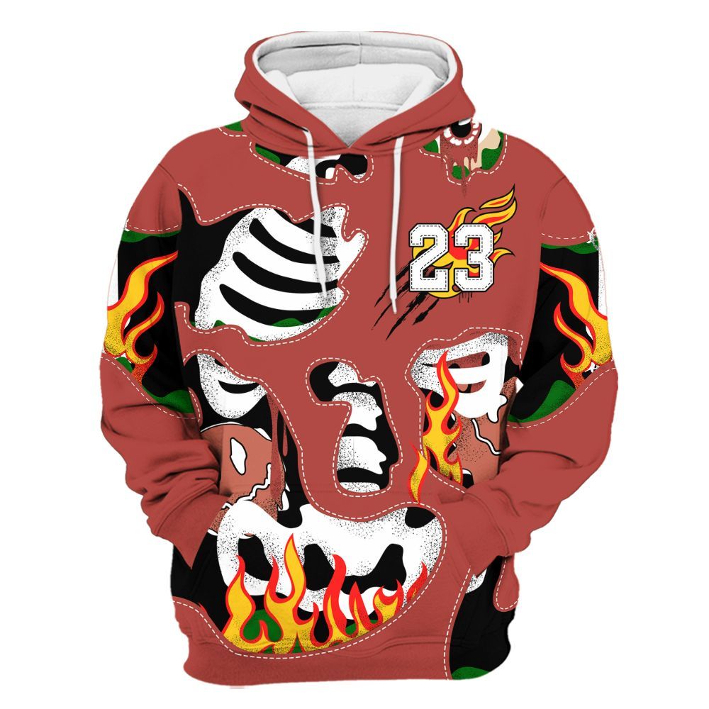 Hoodie To Match Dune Red 13s - Skeleton Smile Flame Drip All Over Print