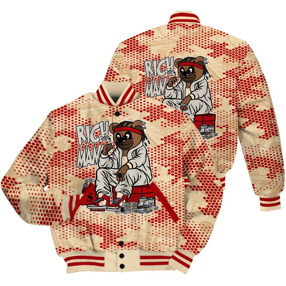 Varsity Jacket To Match Dunk Low Strawberry Waffle Shirt - Rich Man Bear Banknotes Art All Over Print