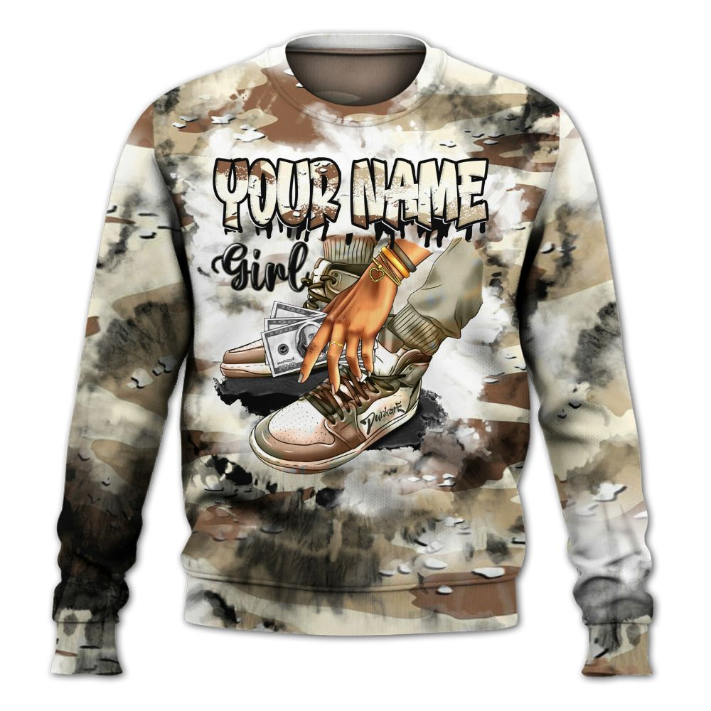Sweatshirt To Match Desert Camo 3s - Custom Name SNEAKER Girl Money Drip Tie Dye All Over Print