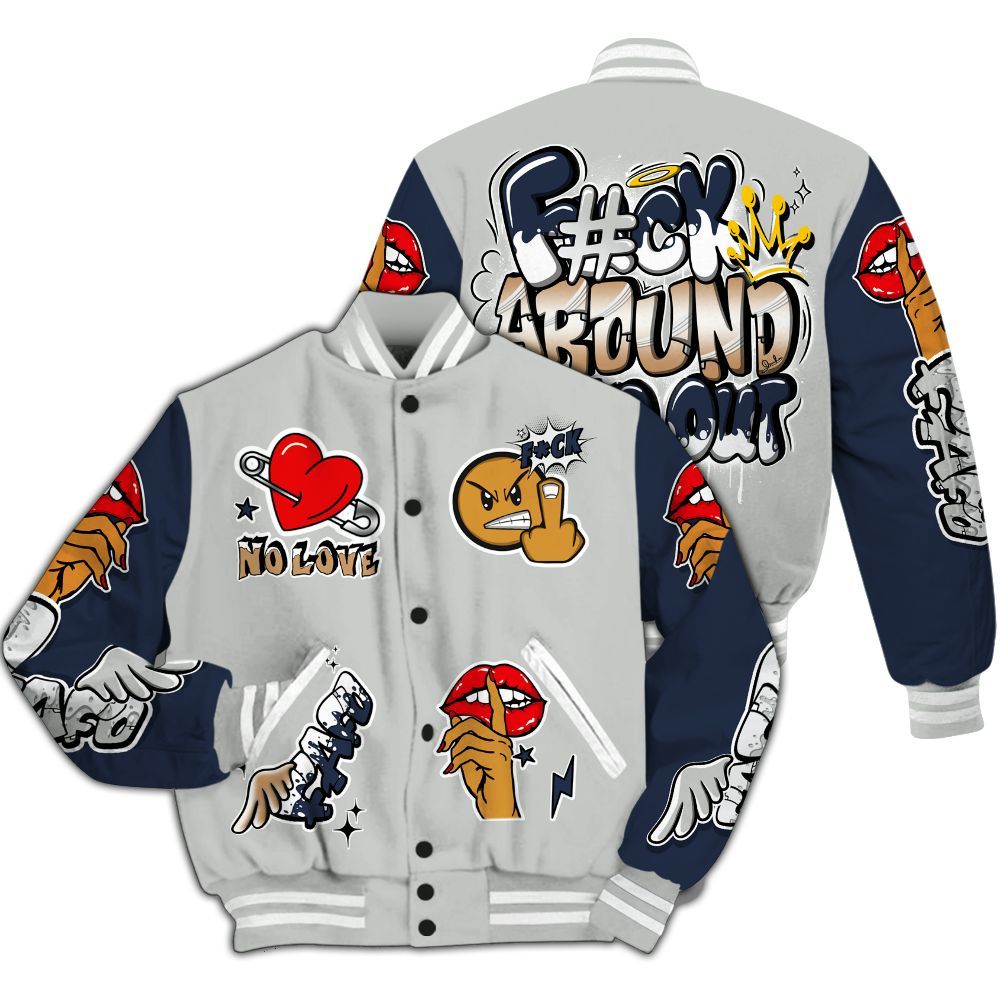 Varsity Jacket To Match Low Navy Grey Gum 1s - FK Around Find Out All Over Print
