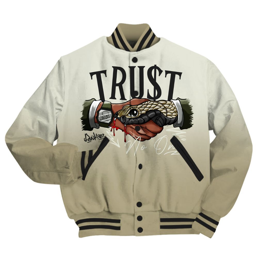 Varsity Jacket To Match Low OG Medium Olive 1s - Trust No One Drip All Over Print