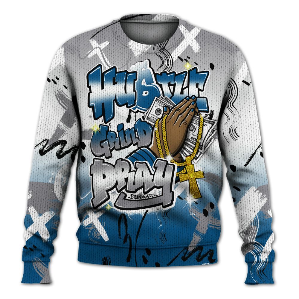 Knitted Sweater To Match High OG True Blue 1s - Money Hustle Grind Pray