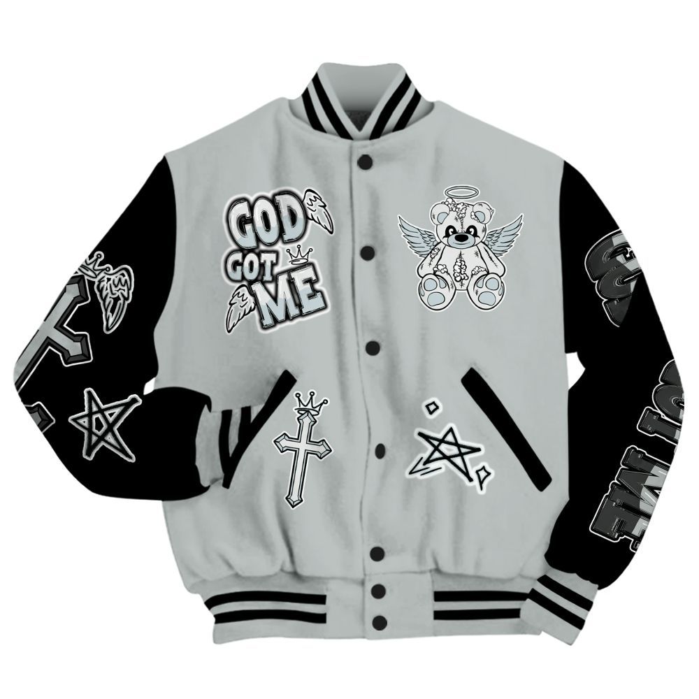Varsity Jacket To Match Black Wolf Grey 12s - Gods Guides Me Bear All Over Print