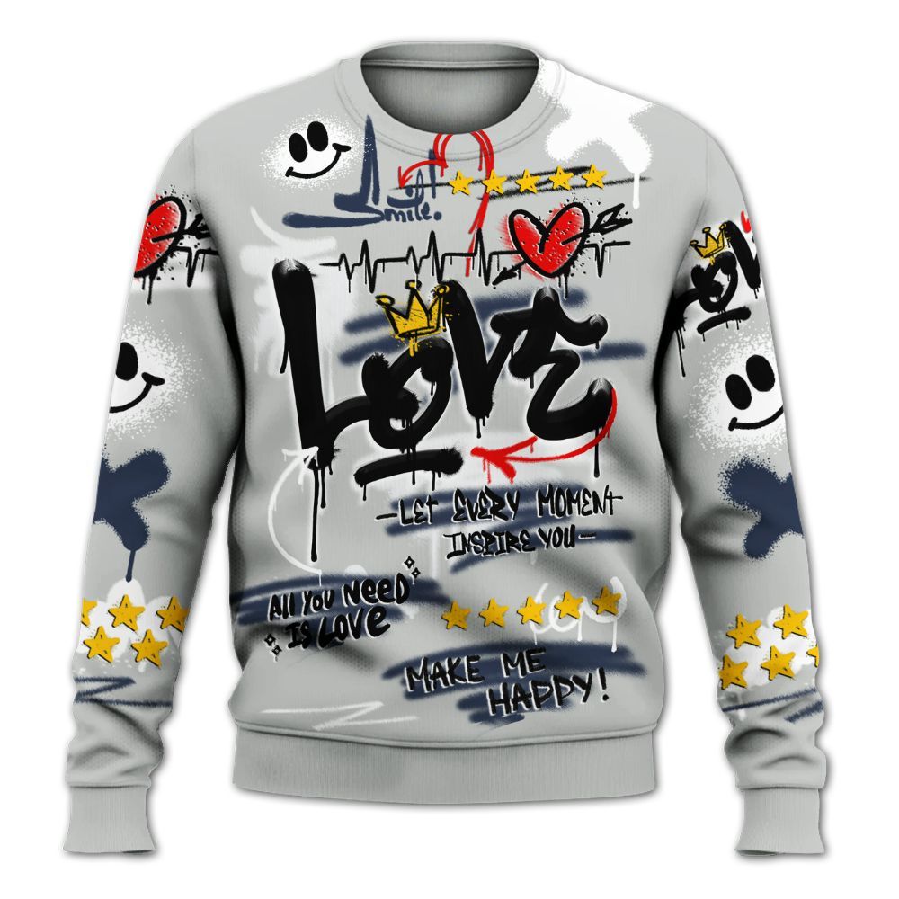 Sweatshirt To Match Low Navy Grey Gum 1s - Happy Love Beats Graffiti All Over Print