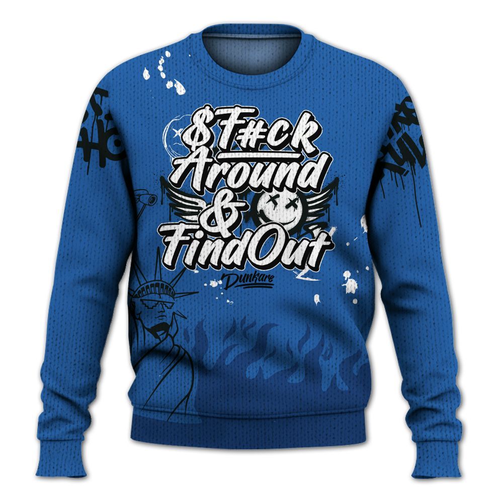 Knitted Sweater To Match Brave Blue 13s - Graphic Fck Around Find Out