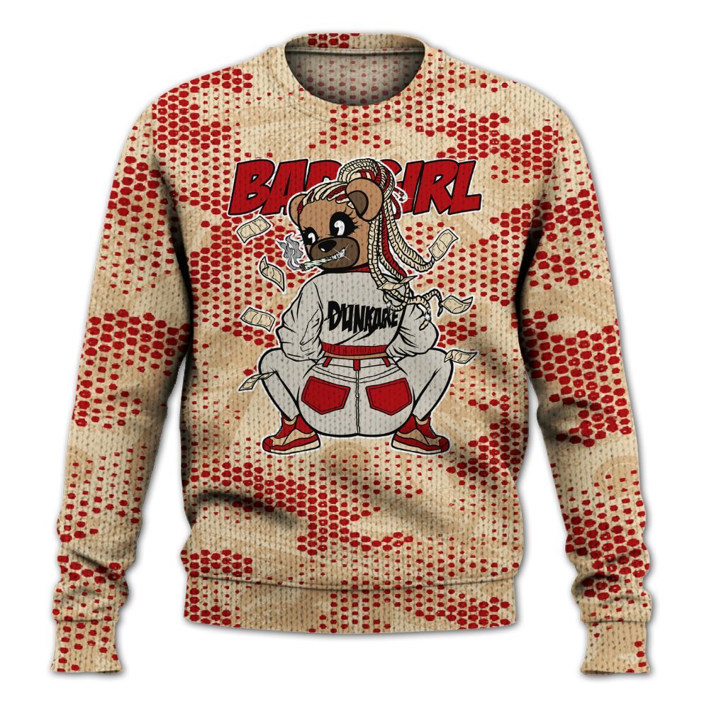 Knitted Sweater To Match Dunk Low Strawberry Waffle - Rebellious Girl Bear Banknotes Art