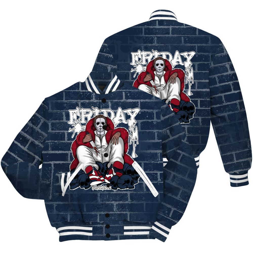 Varsity Jacket To Match White Midnight Navy 6s Shirt - Friday Brick All Over Print