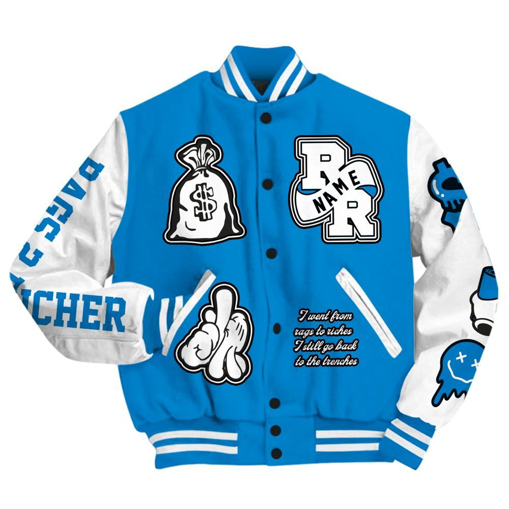 Varsity Jacket To Match Industrial Blue 4s - Rag 2 Rich Graphic Custom Name All Over Print