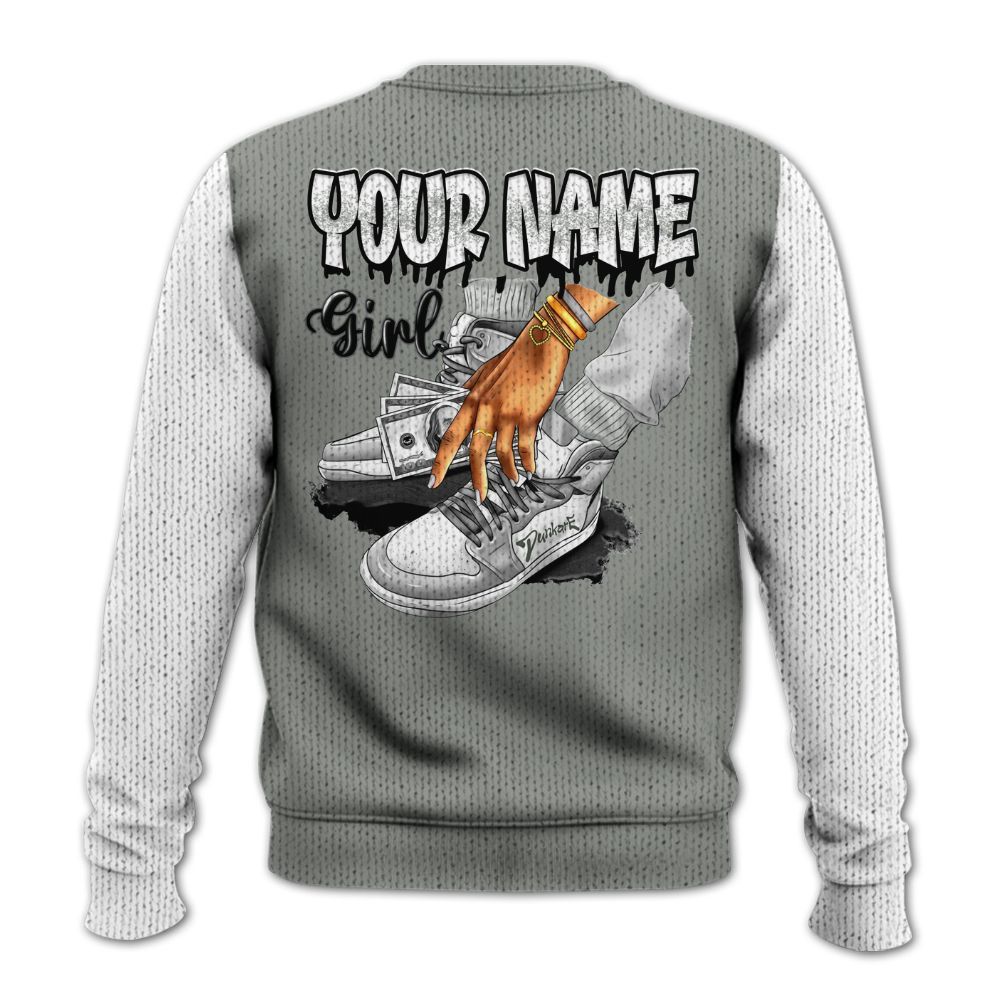 Knitted Sweater To Match Paris Cement Grey 4s, Custom Name Sneaker Girl Money