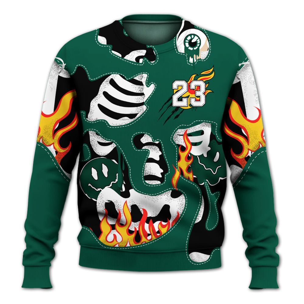 Sweatshirt To Match Oxidized Green 4s - Skeleton Smile Flame Drip All Over Print