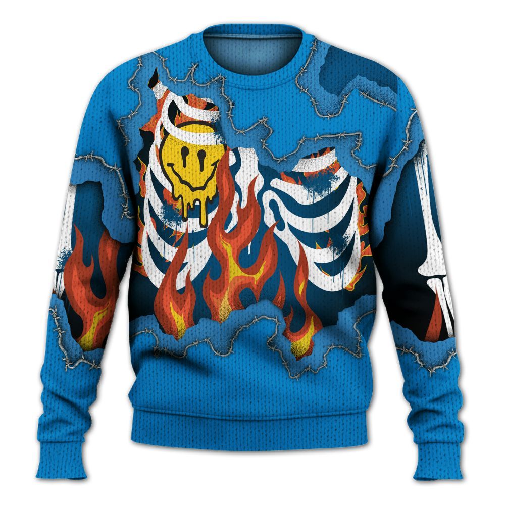 Knitted Sweater To Match Industrial Blue 4s - Skeleton On Fire Skrrt Military Blue 4s