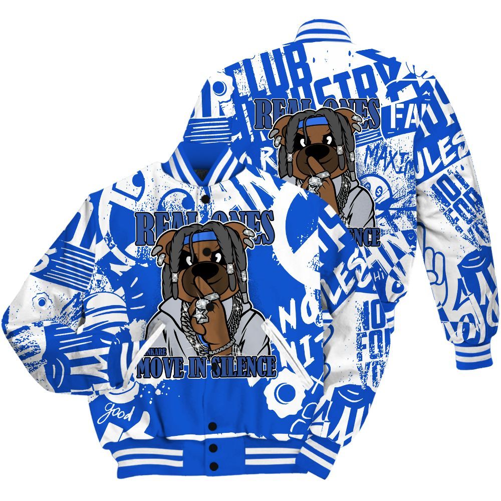 Varsity Jacket To Match Air Foamposite One Royal Shirt - Silent Achievers Bear Monogram Graffiti All Over Print