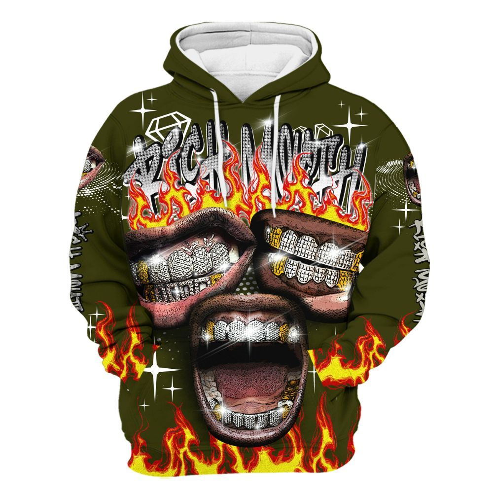 Hoodie To Match Dunk Low Pale Ivory Cargo Khaki - Rich Mouth Fire Rap Retro 90s All Over Print