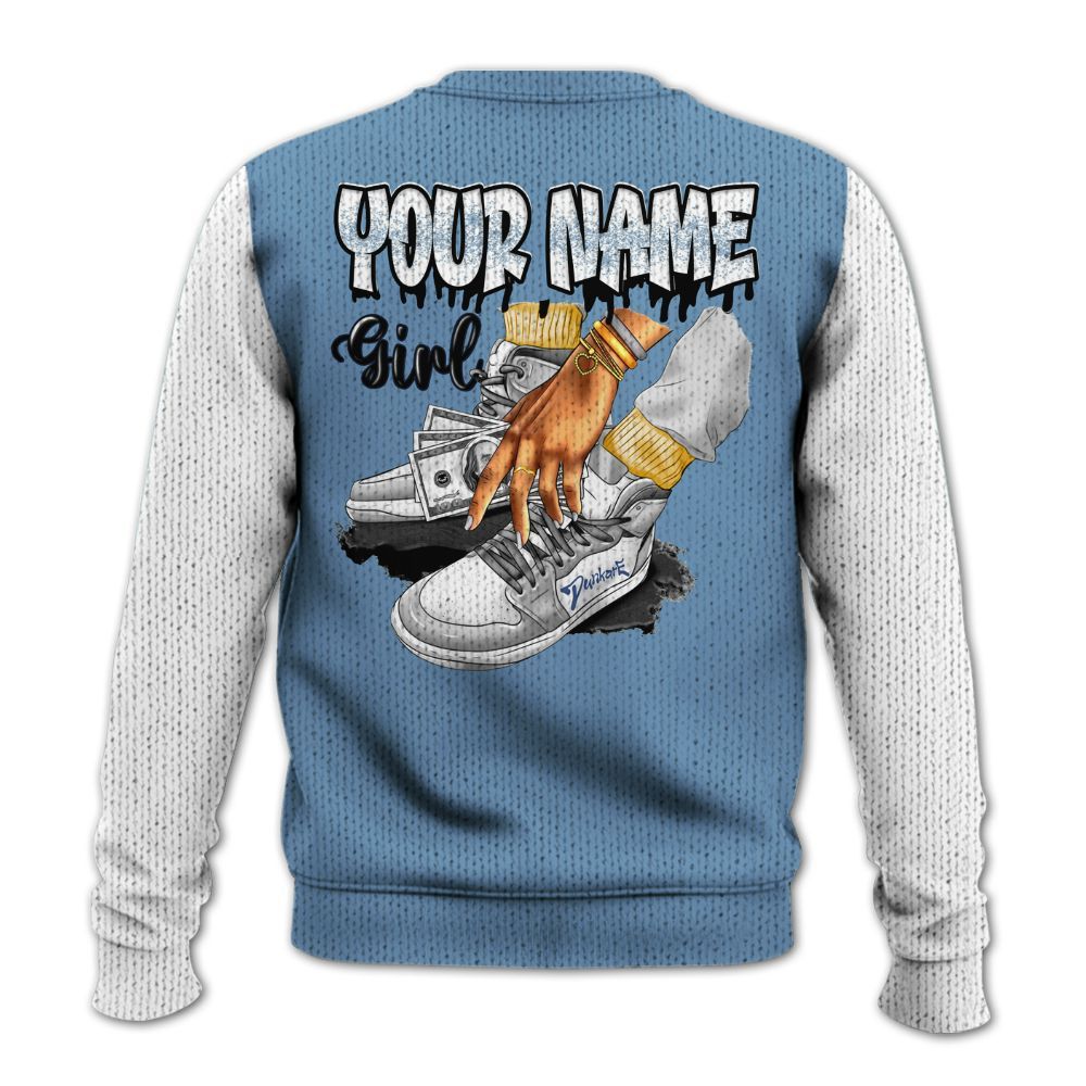 Knitted Sweater To Match High OG First In Flight 1s, Custom Name Sneaker Girl Money