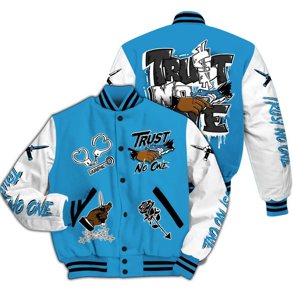 Varsity Jacket To Match Powder Blue 9s - Trust No One Dripping All Over Print