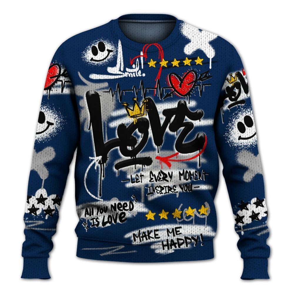 Knitted Sweater To Match SB White Navy 4s - Happy Love Beats Graffiti Streetwear