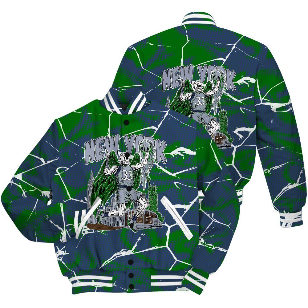Varsity Jacket To Match Midnight Navy 13s Shirt - Ewing Era Skeleton Crack All Over Print