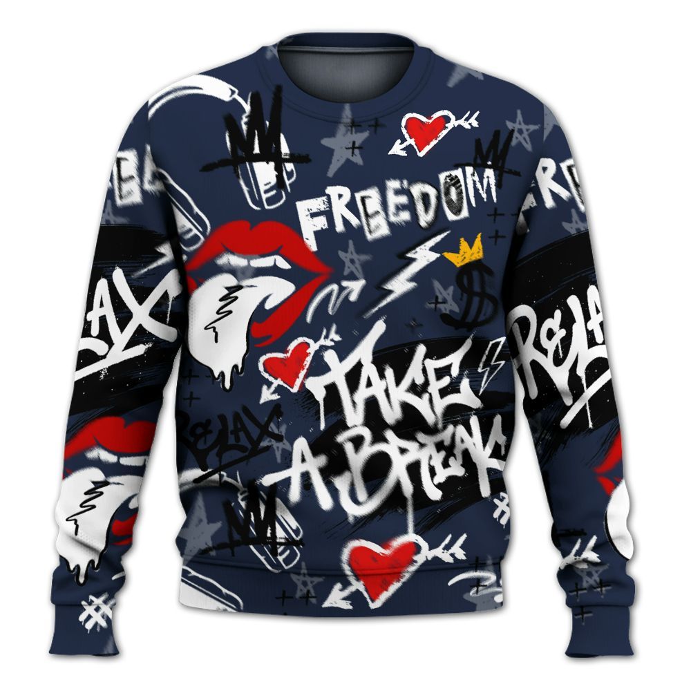 Sweatshirt To Match Dunk Low White Midnight Navy - Take Break Freedom Graffiti Streetwear All Over Print