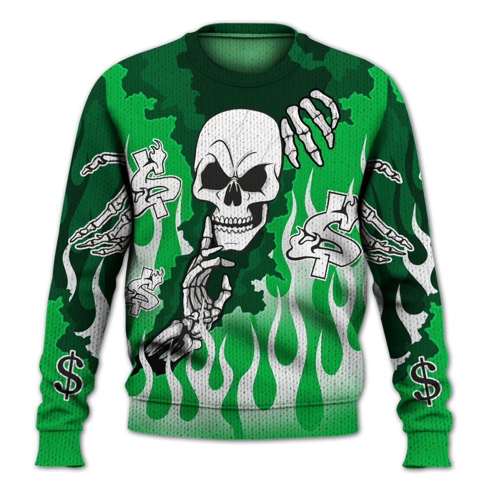 Knitted Sweater To Match Lucky Green 5s Varsity Jacket - Ones Move In Silence Graphic Trapped
