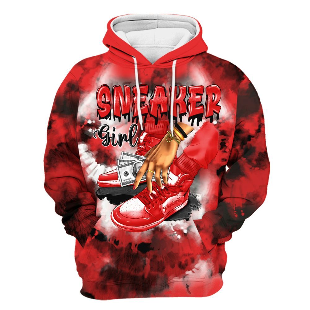 Hoodie To Match Red Thunder 4s - SNEAKER Girl Money Drip Tie Dye All Over Print