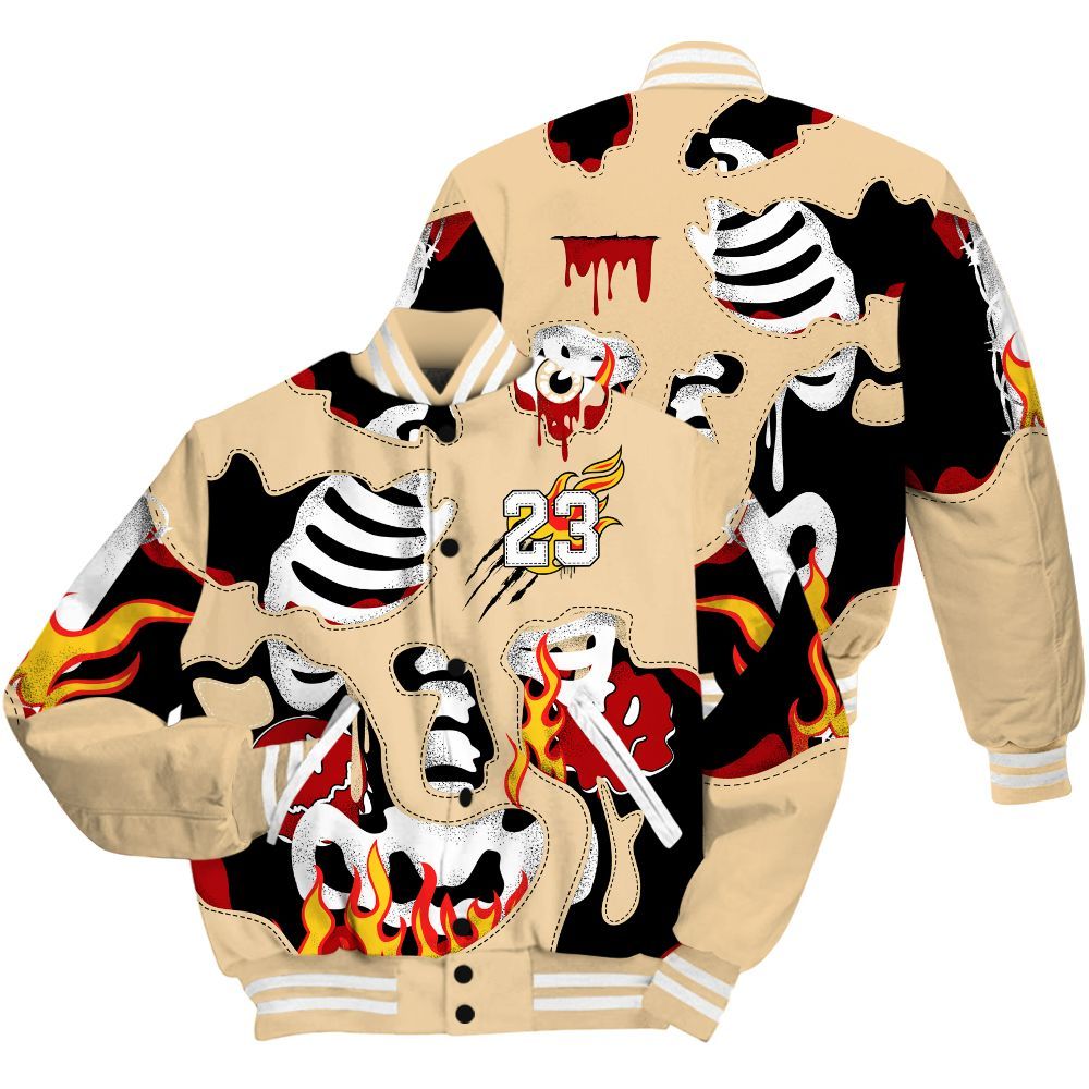 Varsity Jacket To Match Dunk Low Strawberry Waffle - Skeleton Smile Flame Drip All Over Print
