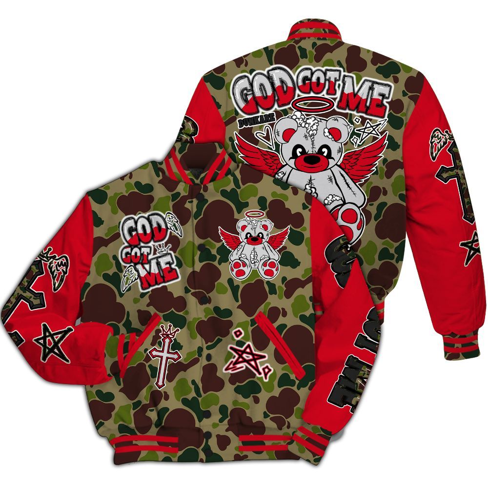 Varsity Jacket To Match Air Max 90 Duck Camo Red - Gods Guides Me Bear All Over Print