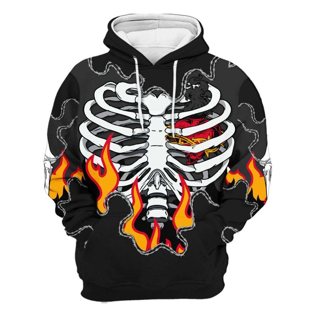 Hoodie To Match White Thunder 4s - Skeleton Heart On Fire All Over Print