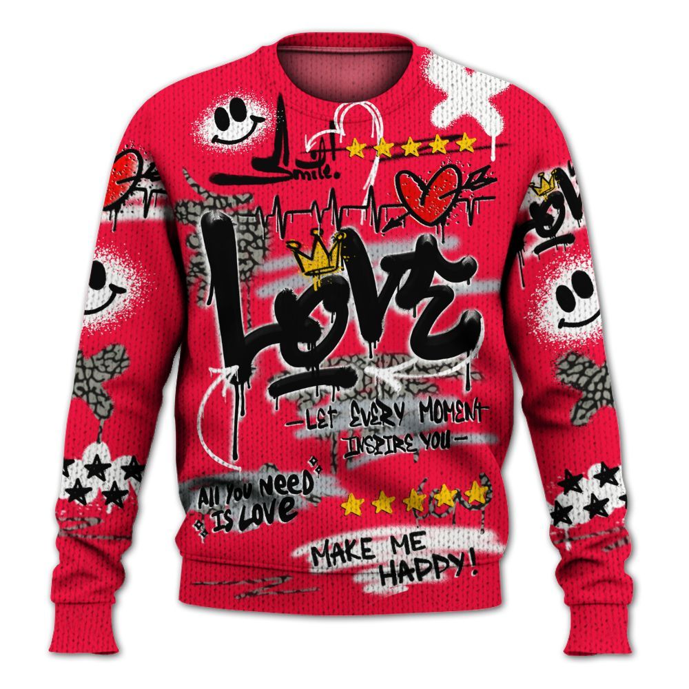 Knitted Sweater To Match Retro Fire Red 3s - Happy Love Beats Graffiti Streetwear