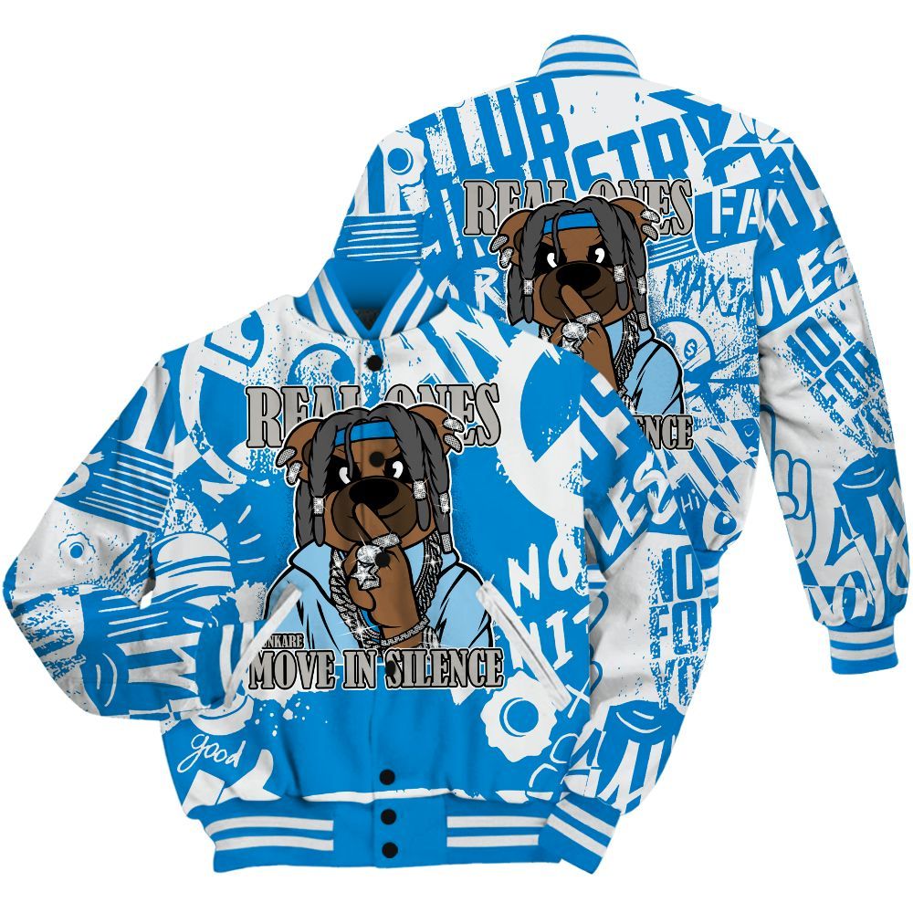 Varsity Jacket To Match Industrial Blue 4s Shirt - Silent Achievers Bear Monogram Graffiti All Over Print