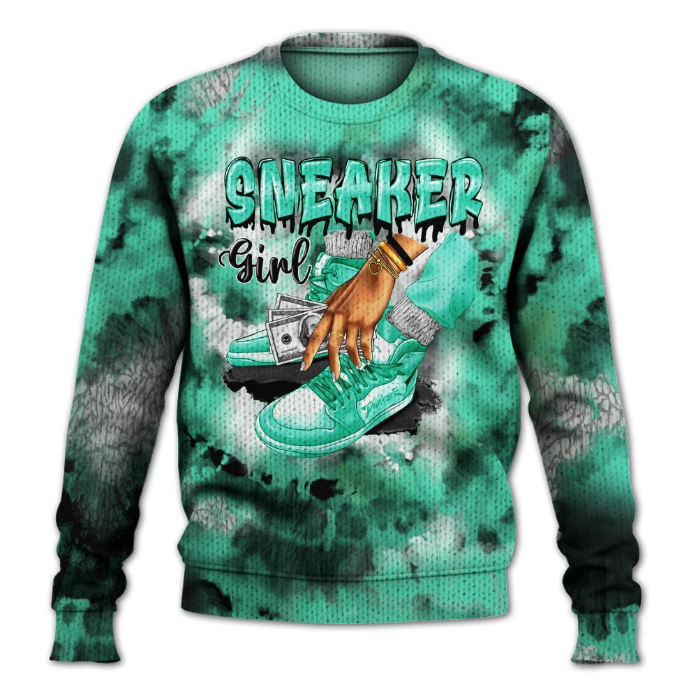 Knitted Sweater To Match Black Green Glow 3s - SNEAKER Girl Money Drip Tie Dye
