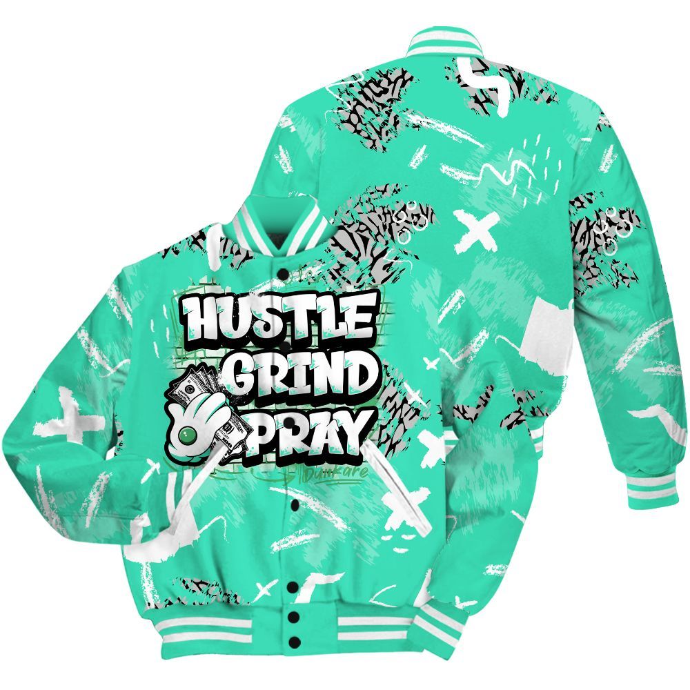 Varsity Jacket To Match Black Green Glow 3s - Hustle Grind Pray Retro Green Glow 3s Outfit All Over Print