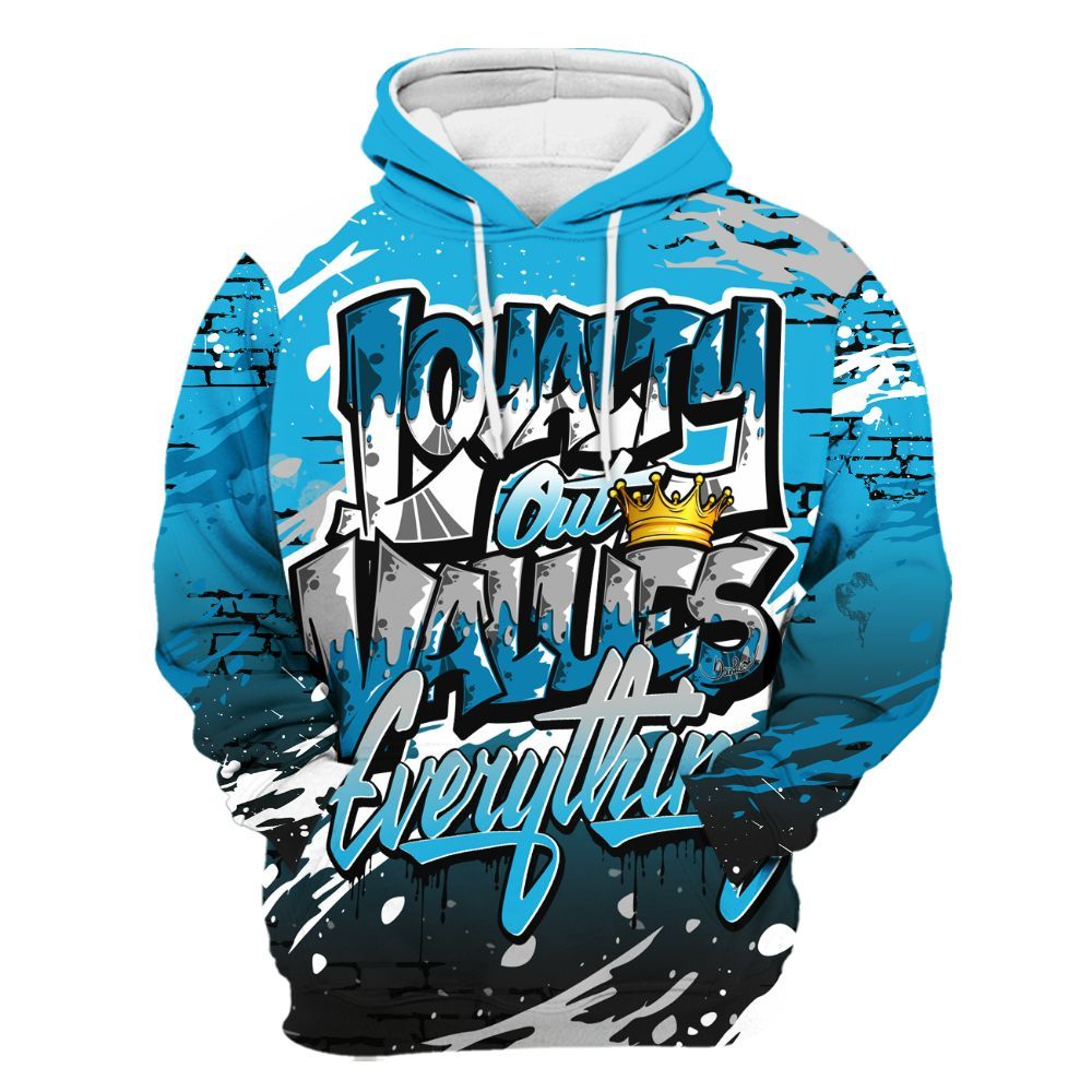 Hoodie To Match Black University Blue 2026 14s - Values Of Loyalty Drip All Over Print