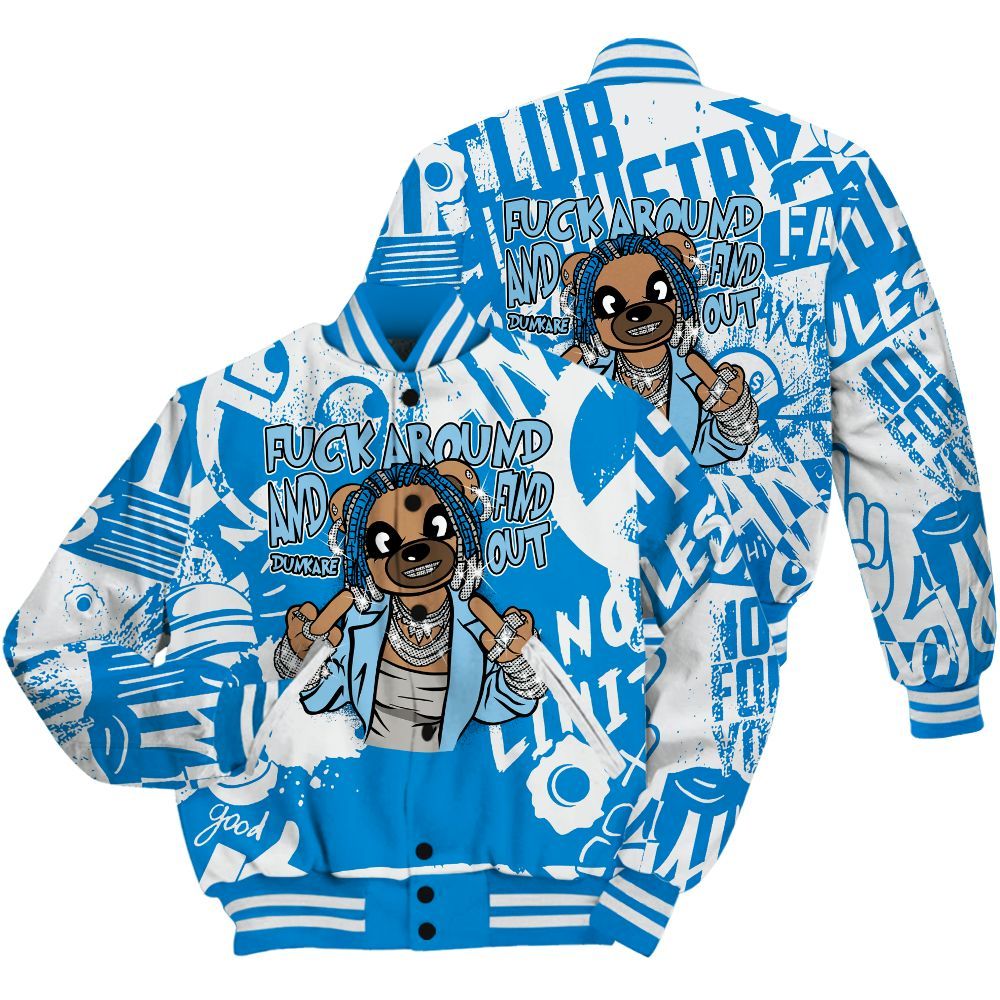 Varsity Jacket To Match Industrial Blue 4s Shirt - F#ck Around Bear Bear Monogram Graffiti All Over Print