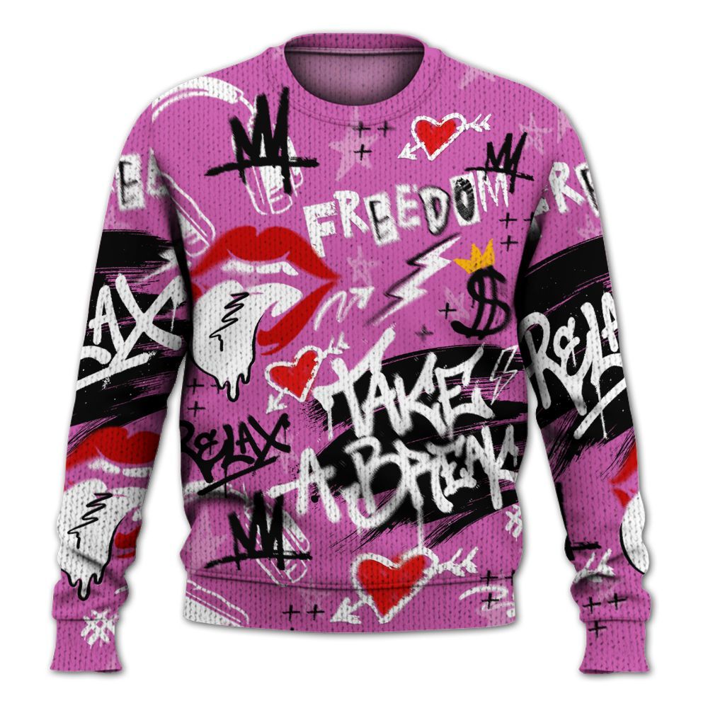 Knitted Sweater To Match Hyper Violet 4s - Take Break Freedom Graffiti Streetwear