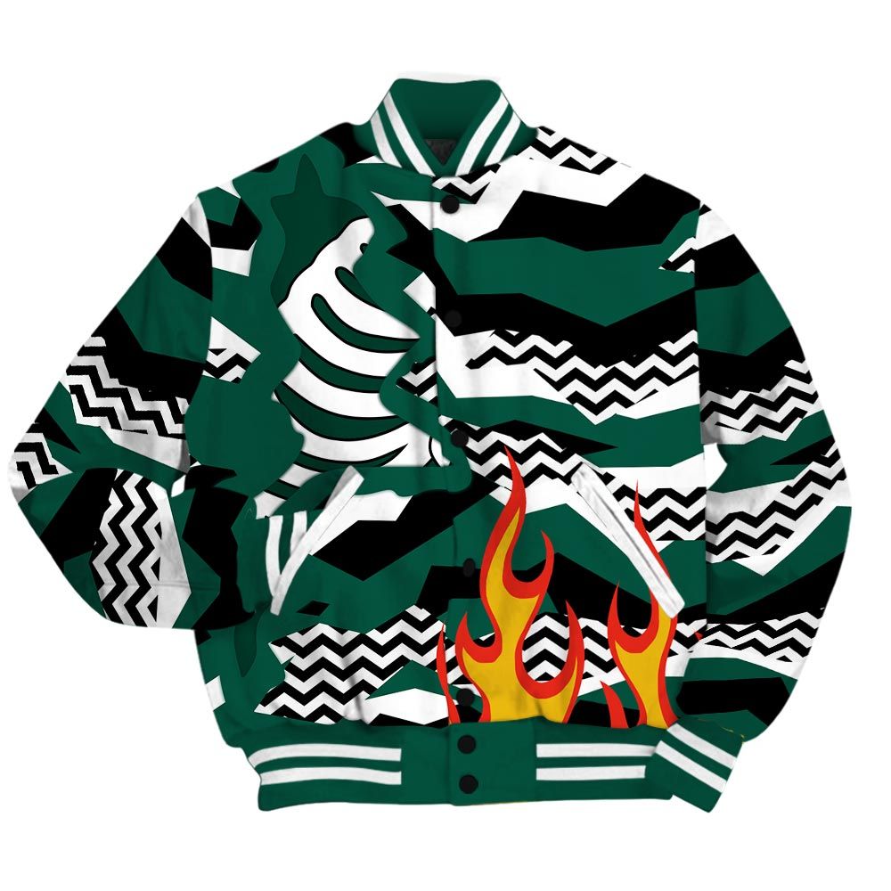 Varsity Jacket To Match Oxidized Green 4s - Retro Geometric Camouflage Flame Baseball Varsity Jacket Outfit