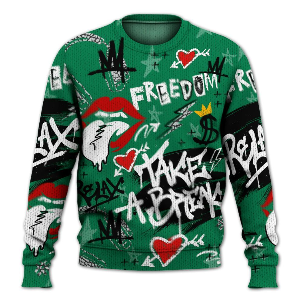 Knitted Sweater To Match Pine Green 3s - Take Break Freedom Graffiti Streetwear