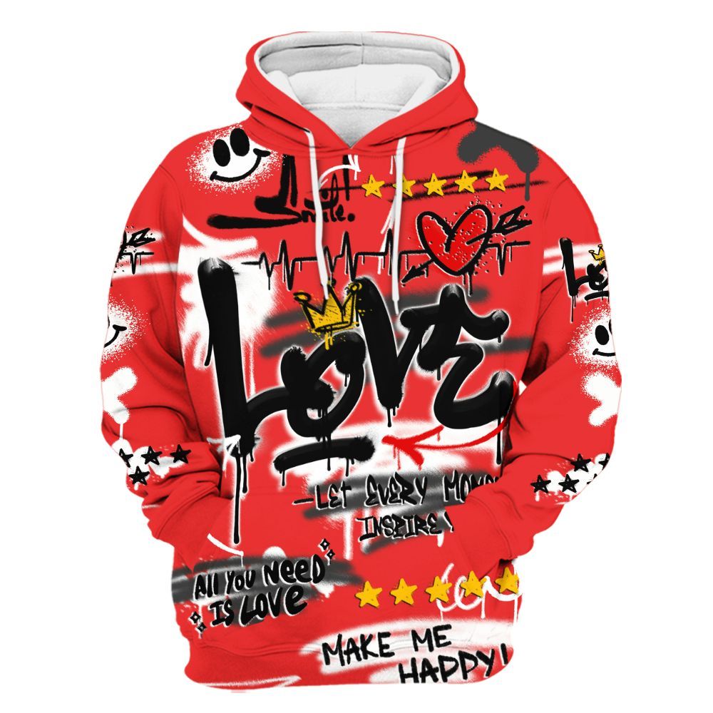 Hoodie To Match Red Thunder 4s - Happy Love Beats Graffiti Streetwear All Over Print
