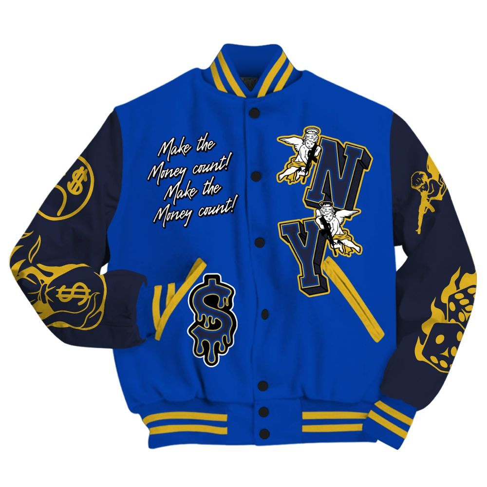 Varsity Jacket To Match Brazil Racer Blue Yellow 3s - Paid In Full Money Graphic All Over Print