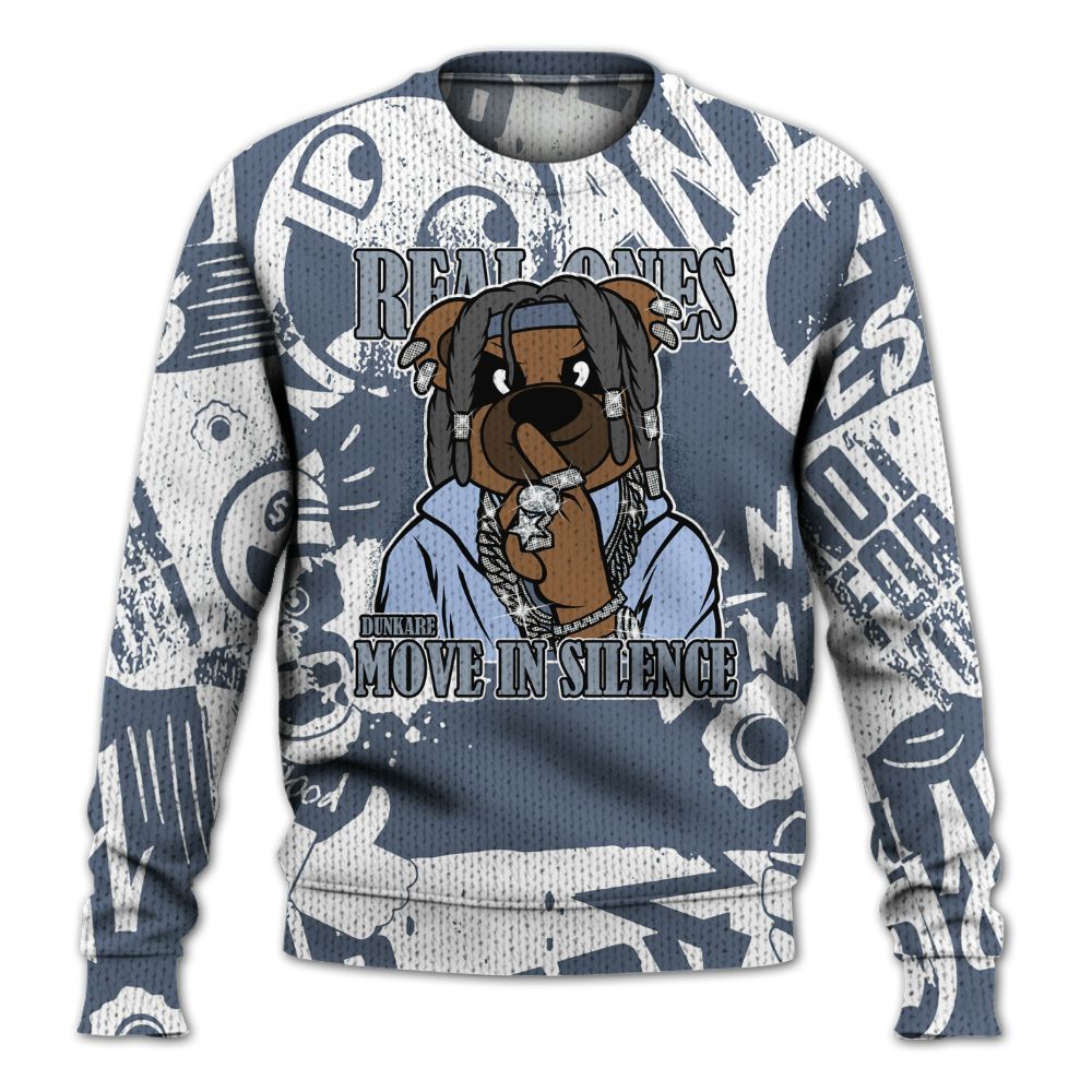 Knitted Sweater To Match Low Diffused Blue 11s - Silent Achievers Bear Monogram Graffiti