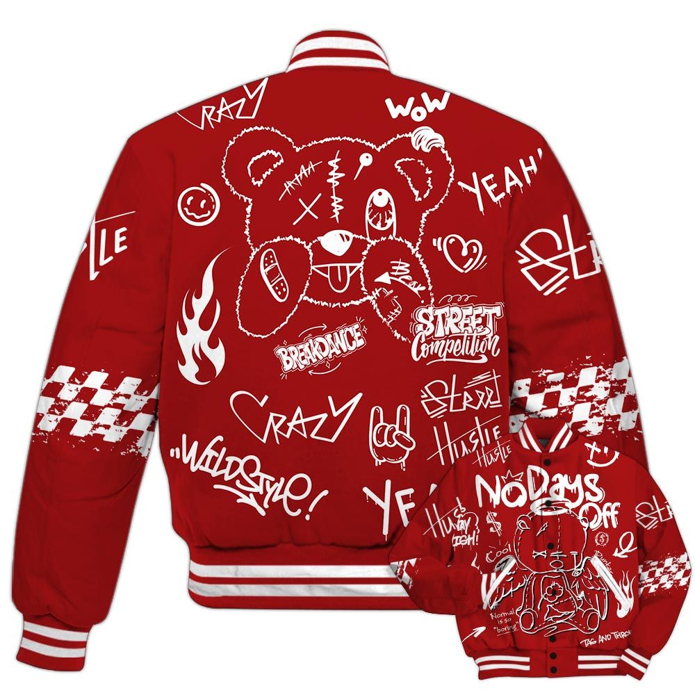 Varsity Jacket To Match Red Taxi 12s - No Days Off Retro Varsity Jacket Red Taxi 12s Outfit