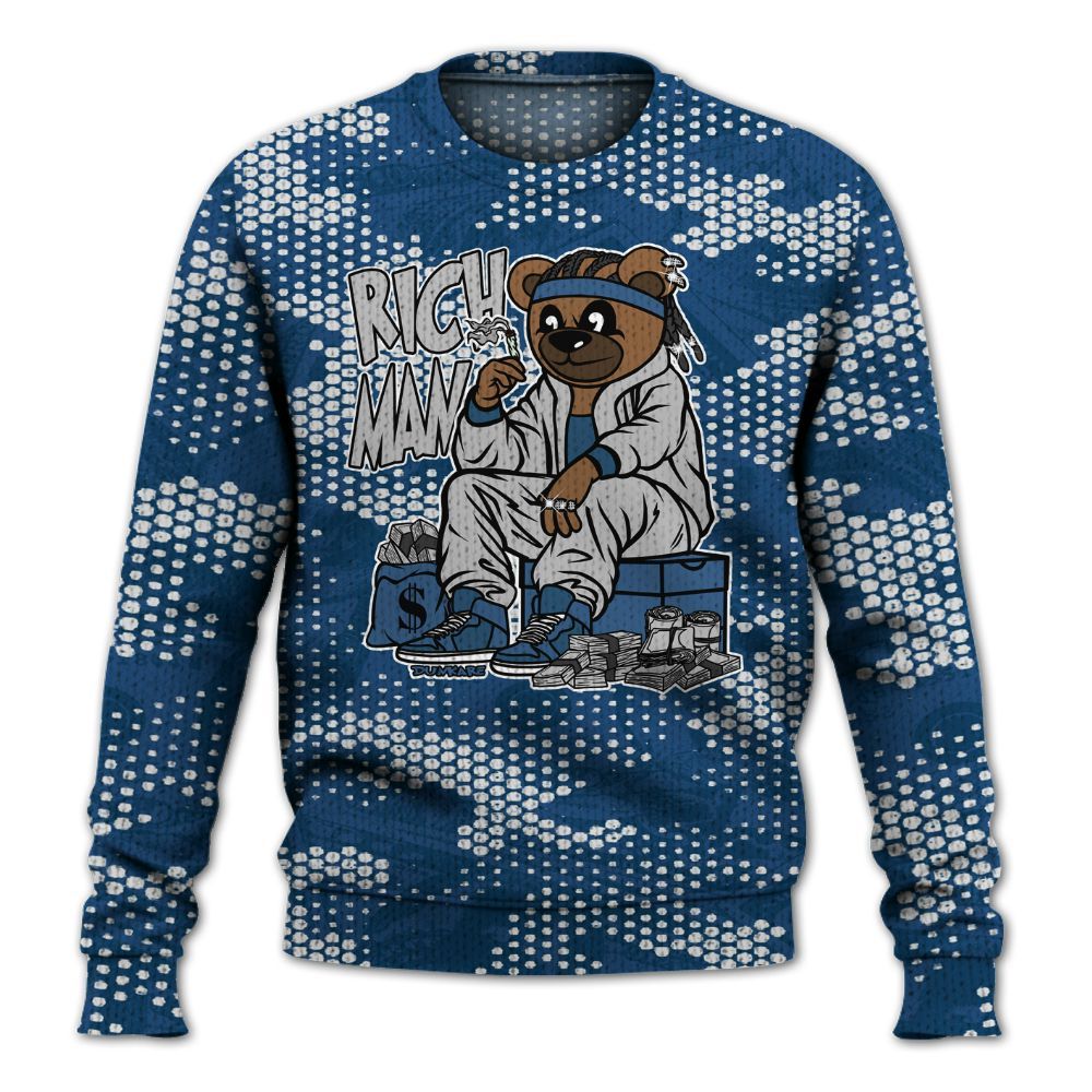Knitted Sweater To Match High OG Midnight Navy 1s - Rich Man Bear Banknotes Art