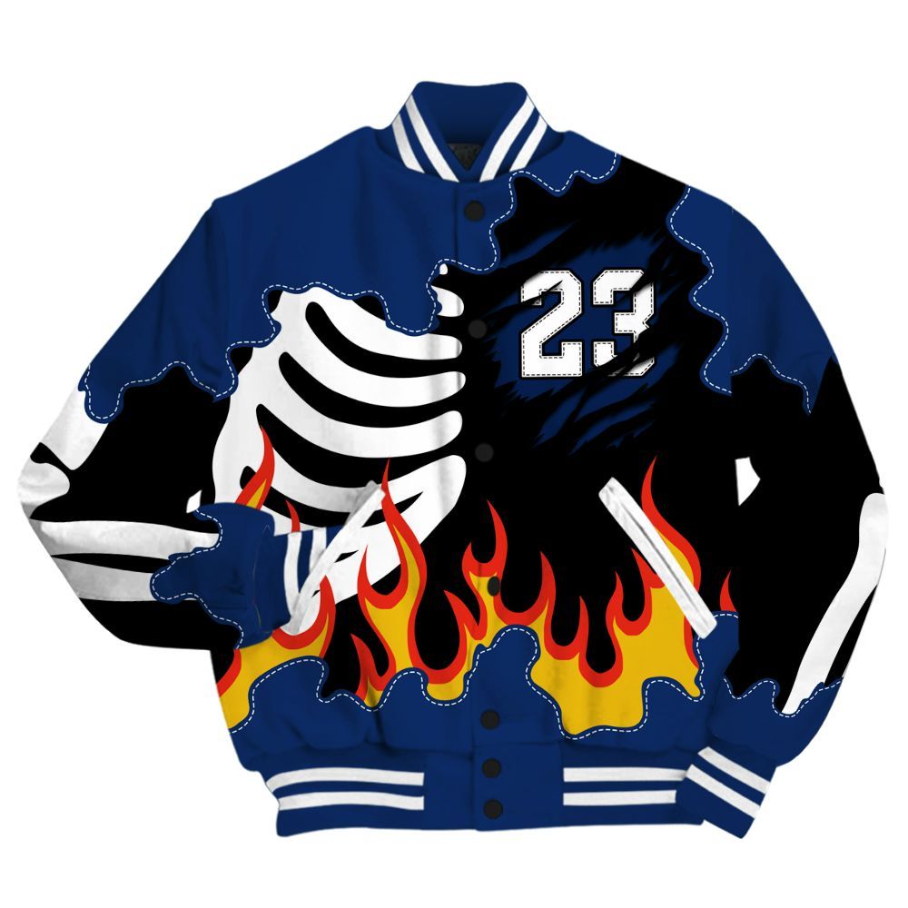 Varsity Jacket To Match High OG Deep Royal Blue 1s - Burning Skeleton 23 G.O.A.T All Over Print