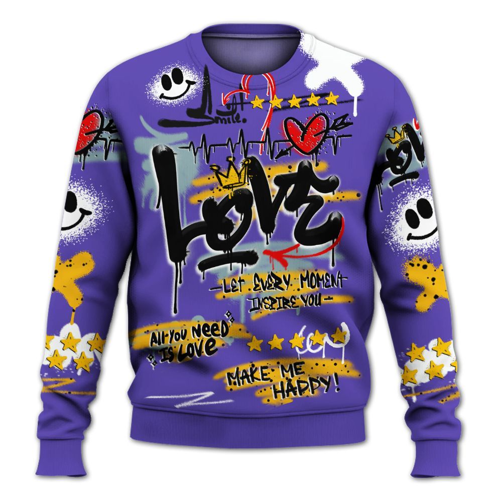 Sweatshirt To Match Imperial Purple 4s - Happy Love Beats Graffiti Streetwear All Over Print
