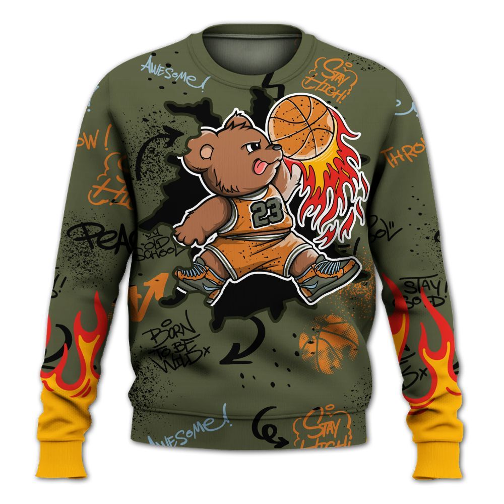 Sweatshirt To Match Olive 5s - Number 23 Basketball Bear Custom Name All Over Print