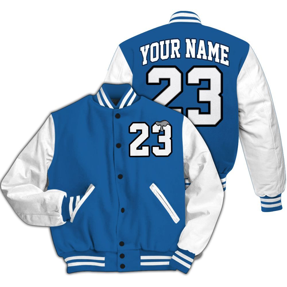Varsity Jacket To Match French Blue 13s - Custom Name Number 23 Drip All Over Print