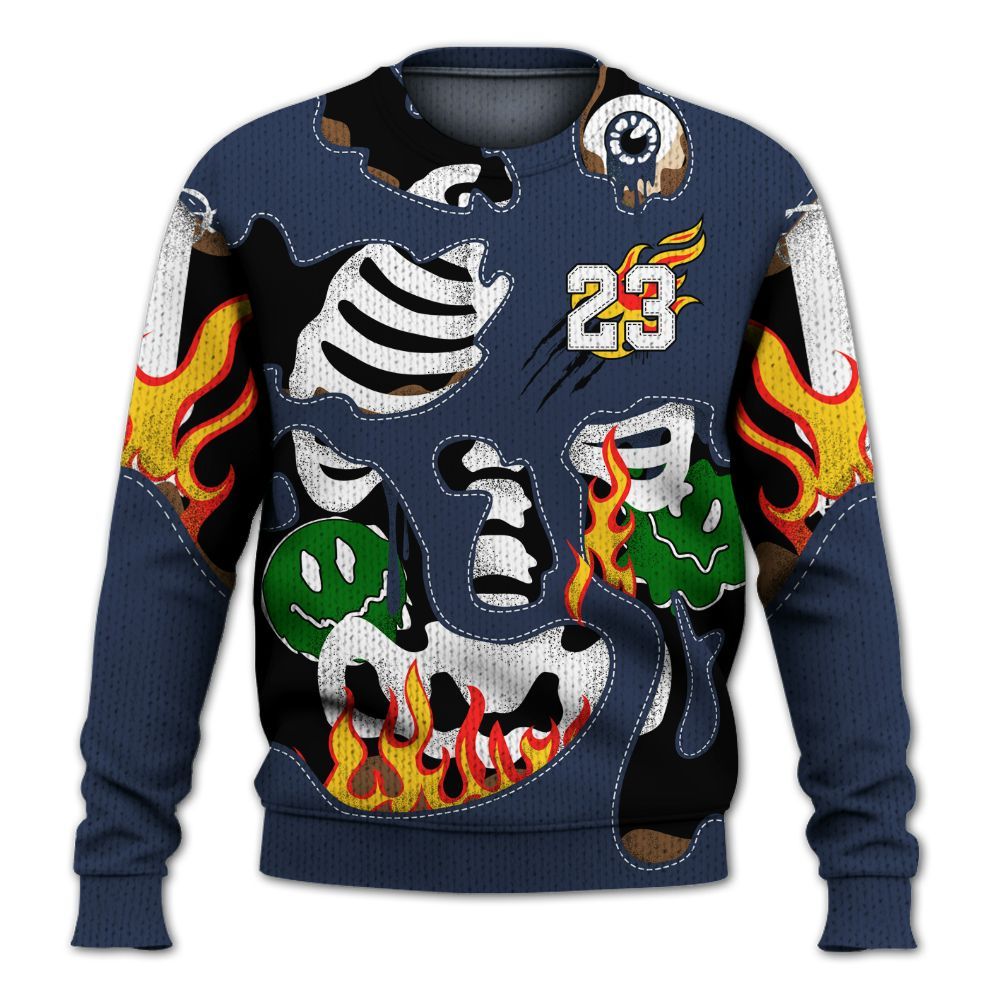 Knitted Sweater To Match Midnight Navy 13s - Skeleton Smile Flame Drip