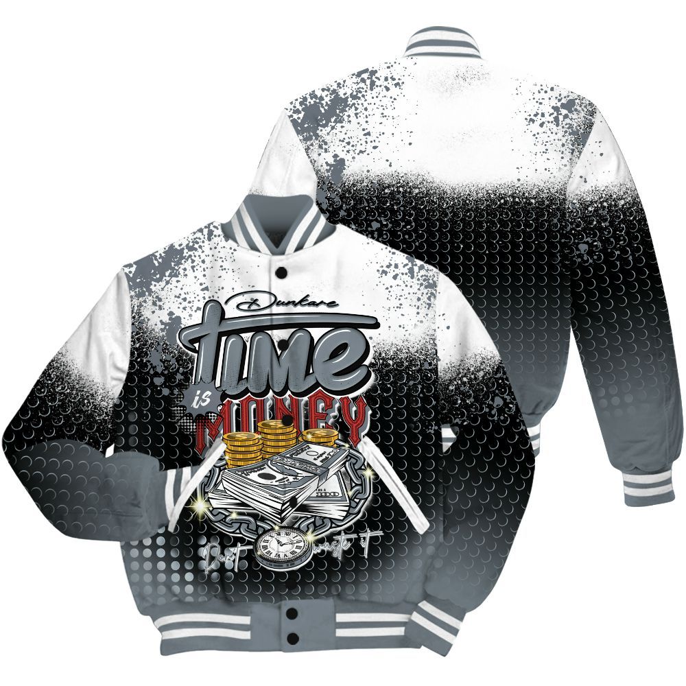 Varsity Jacket To Match Wolf Grey 13s Shirt, Halftone Time Is Money All Over Print