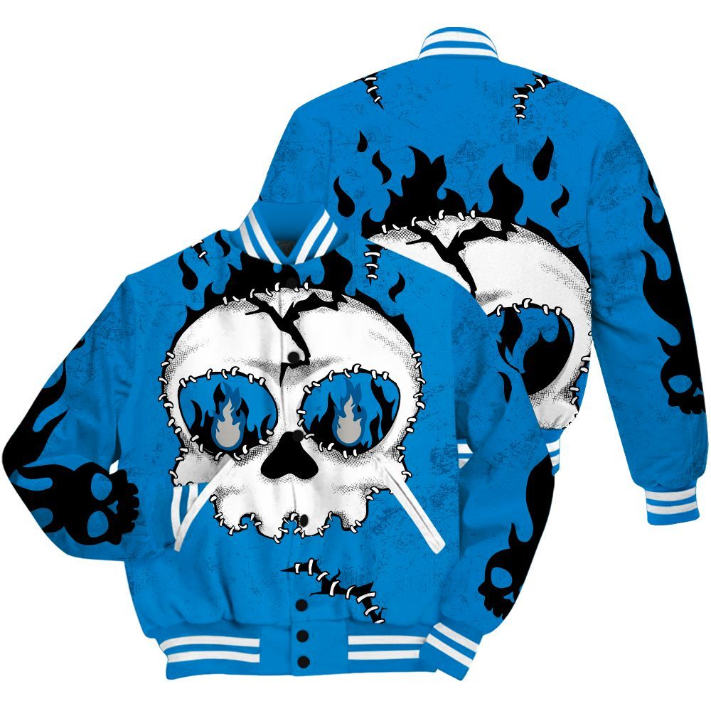 Varsity Jacket To Match Industrial Blue 4s Shirt, Cracked Skull Stitches Military Blue 4s All Over Print